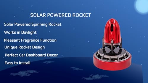 Solar Powered Rocket Car Dashboard Toy with Fragrance | Rotating Space Decor | Air Freshener Showpiece for Car Interior (Metallic Red, s)