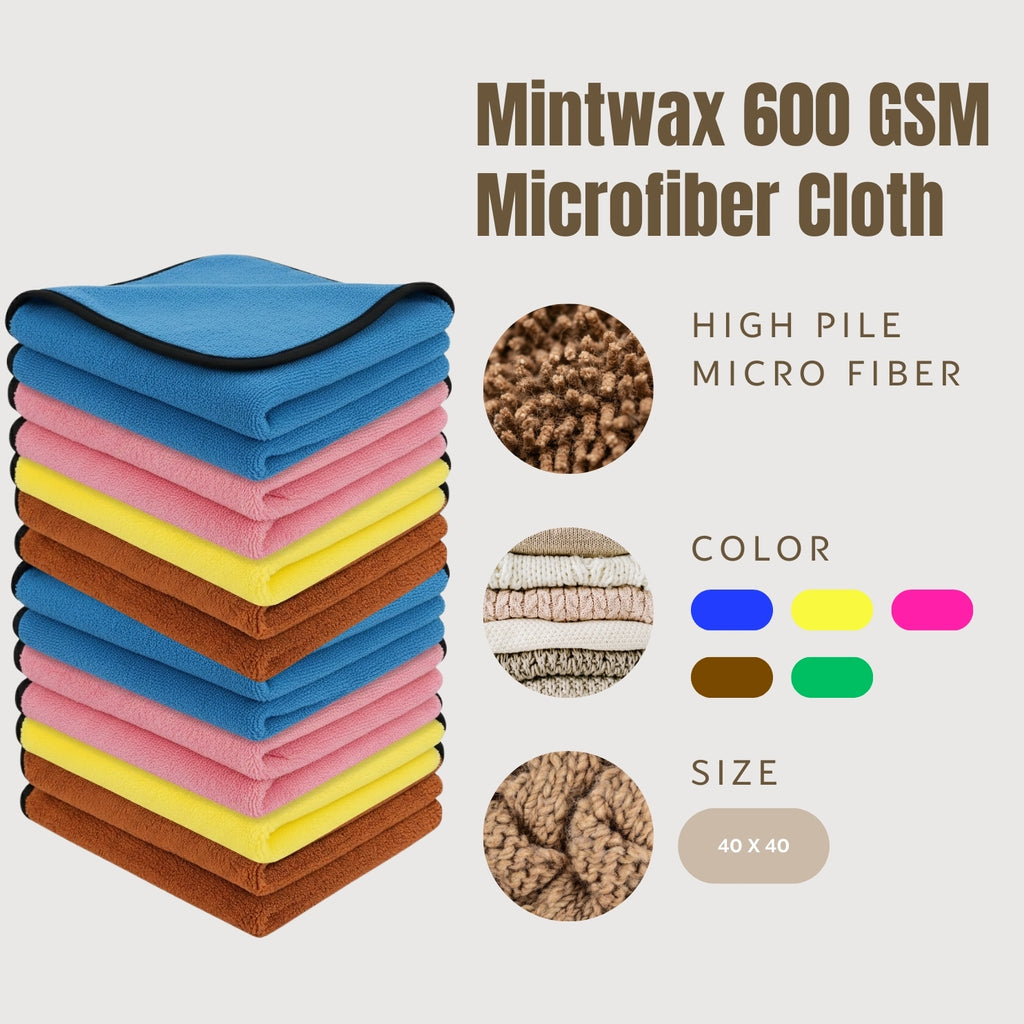 Mint Wax 600 GSM Microfiber Cleaning Cloths – Pack of 2 (40x40cm) | Ultra Soft, Lint-Free, Quick Dry | Multipurpose for Car, Bike Cleaning, Washing and Detailing