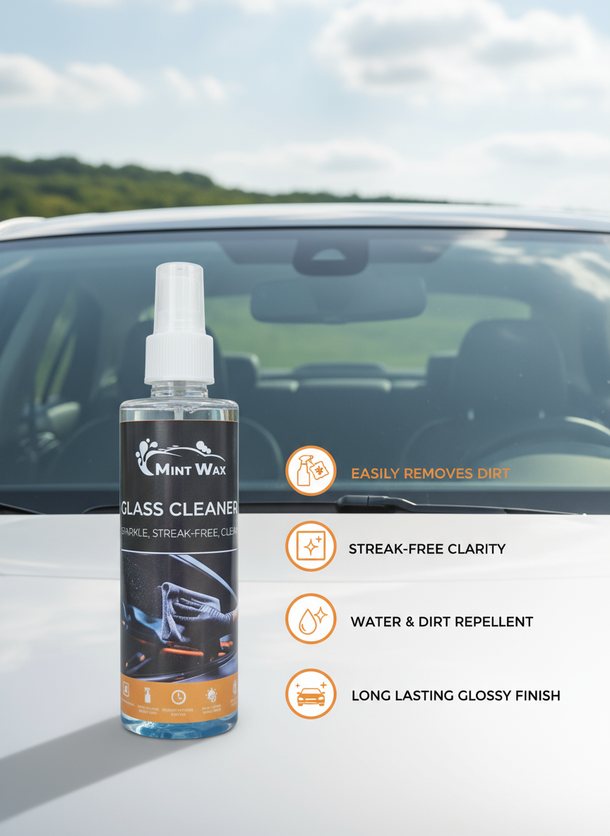 1.	MintWax Car Glass Cleaner Spray – Streak-Free Shine, Removes Dirt, Bugs & Oily Film – Safe for Windshield, Windows & Mirrors – 200ml