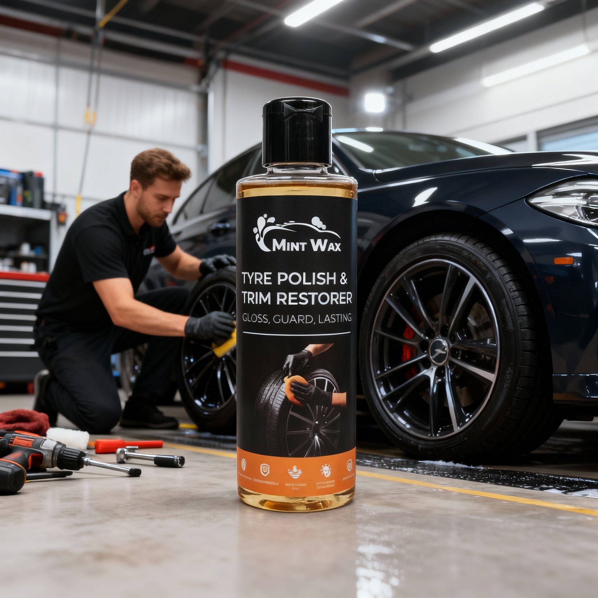 MintWax Tyre Polish & Trim Restorer – Dual Use Hydrophobic Protectant for Tyres & Trim | Restores Deep Black Shine, UV Protection, Long-Lasting Water Repellency(200ml)