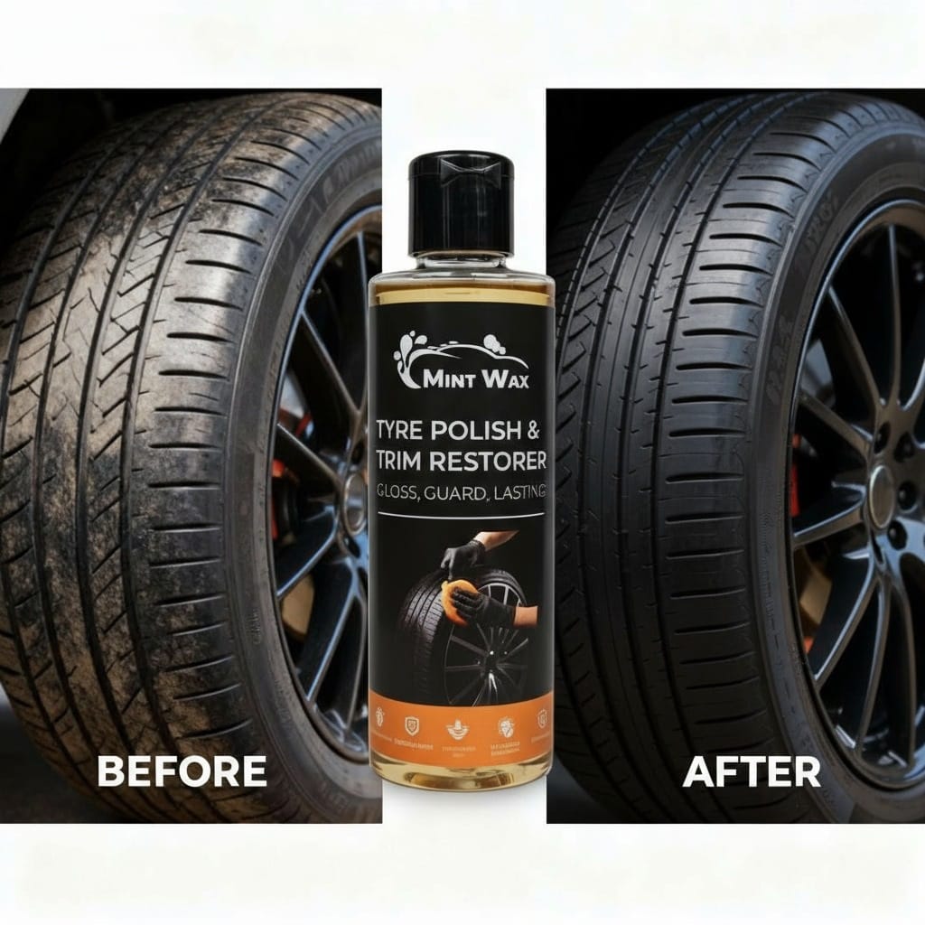 MintWax Tyre Polish & Trim Restorer – Dual Use Hydrophobic Protectant for Tyres & Trim | Restores Deep Black Shine, UV Protection, Long-Lasting Water Repellency(200ml)