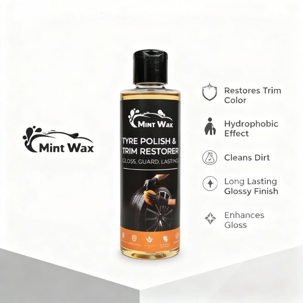 MintWax Tyre Polish & Trim Restorer – Dual Use Hydrophobic Protectant for Tyres & Trim | Restores Deep Black Shine, UV Protection, Long-Lasting Water Repellency(200ml)