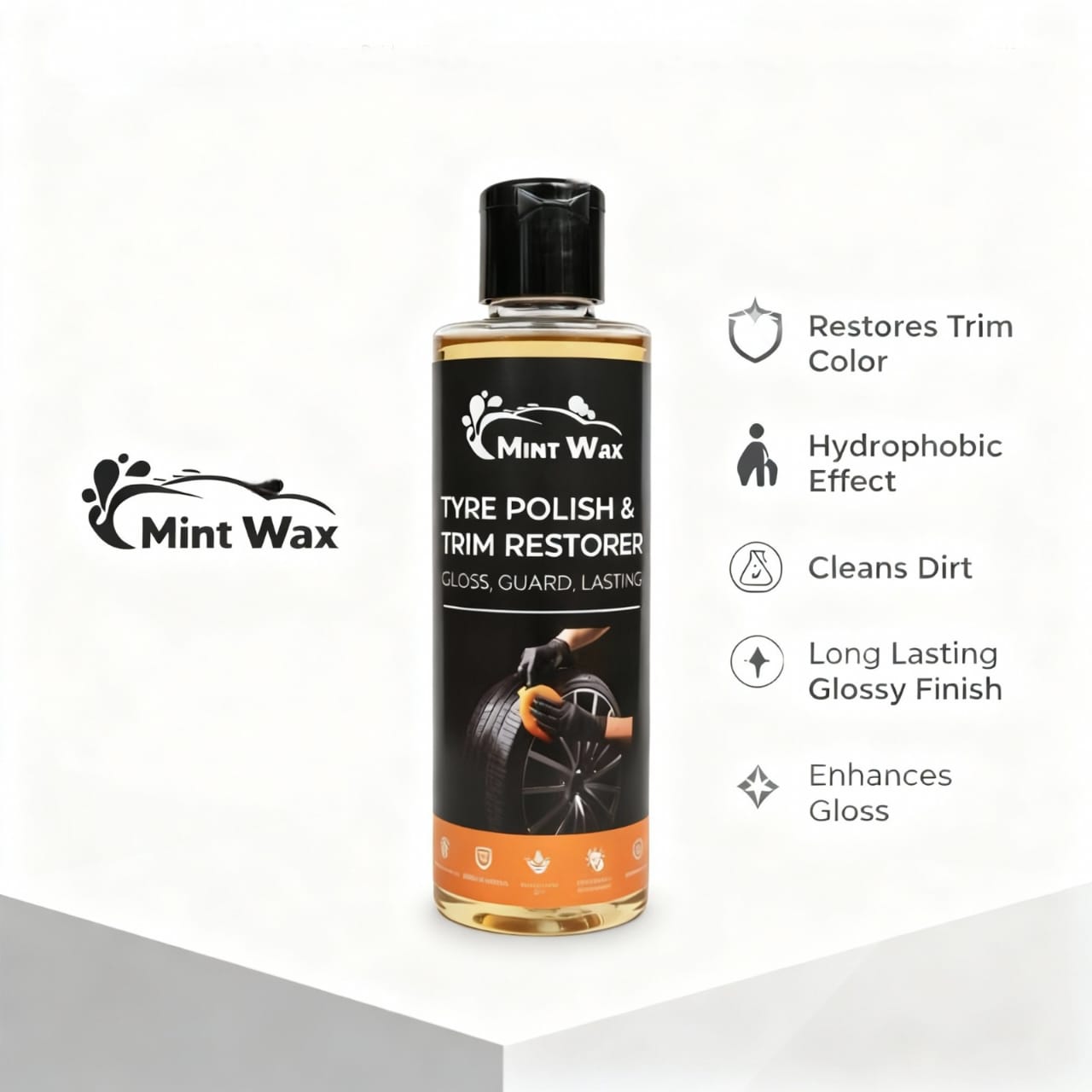 MintWax Tyre Polish & Trim Restorer – Dual Use Hydrophobic Protectant for Tyres & Trim | Restores Deep Black Shine, UV Protection, Long-Lasting Water Repellency(200ml)